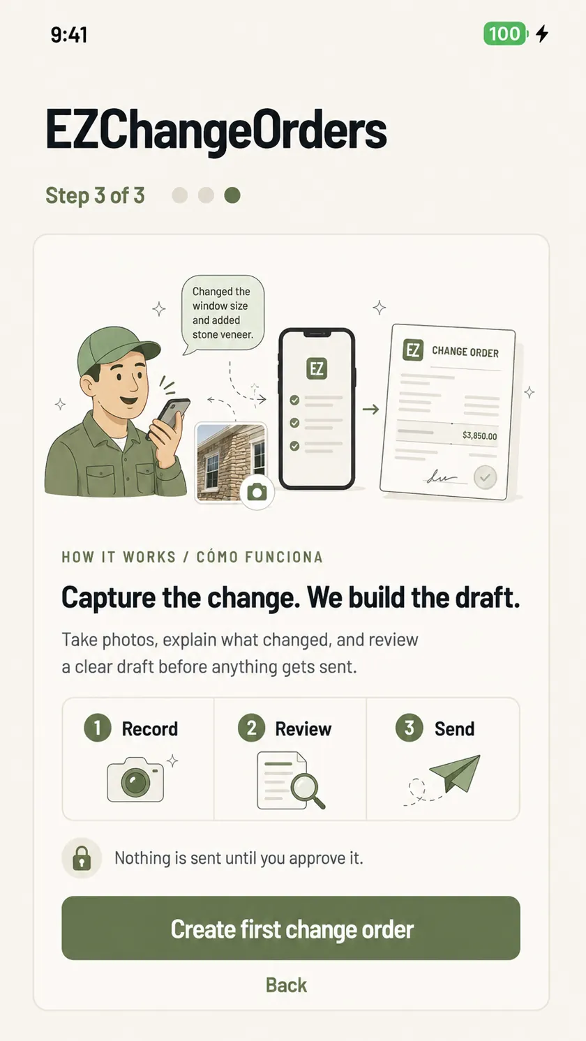 EZChangeOrder app showing the simple Record, Review, and Send workflow