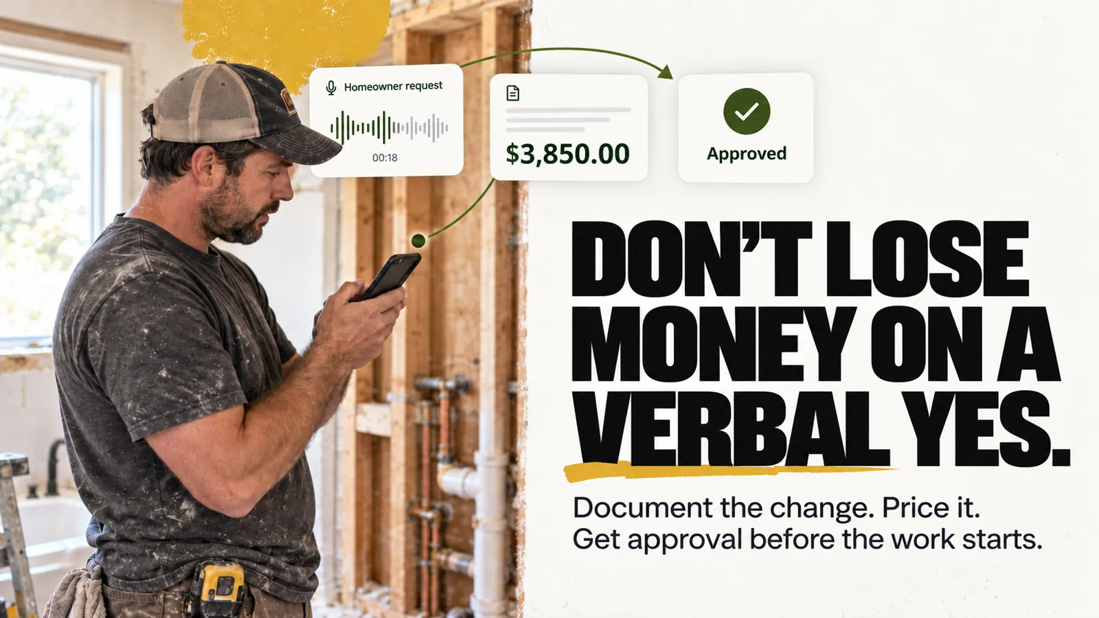 Residential contractor documenting a change on his phone at an open-wall remodel