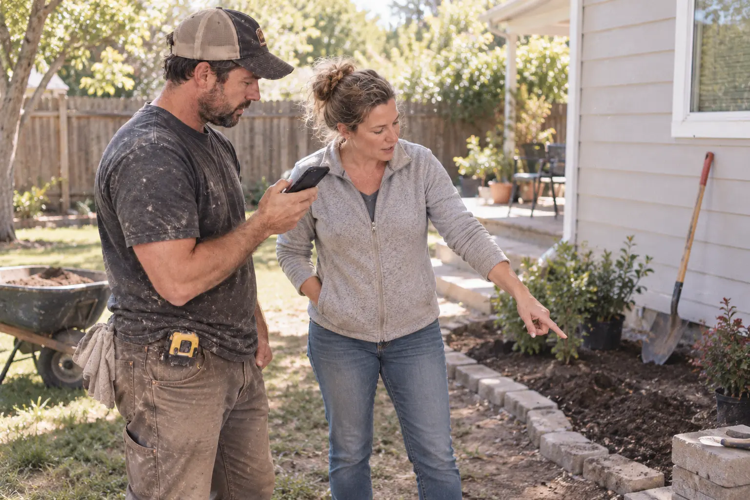 Landscaping contractor recording a homeowner's requested change during a backyard conversation