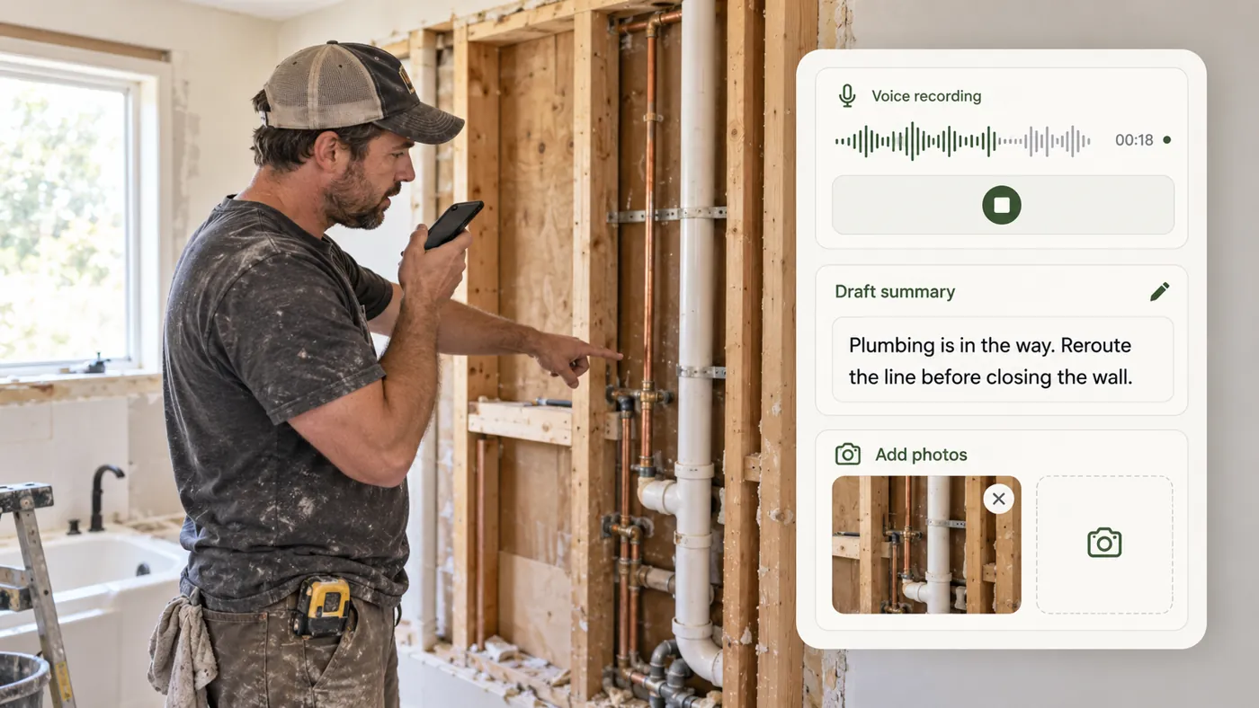 Contractor recording an unexpected plumbing change while the app prepares a draft summary